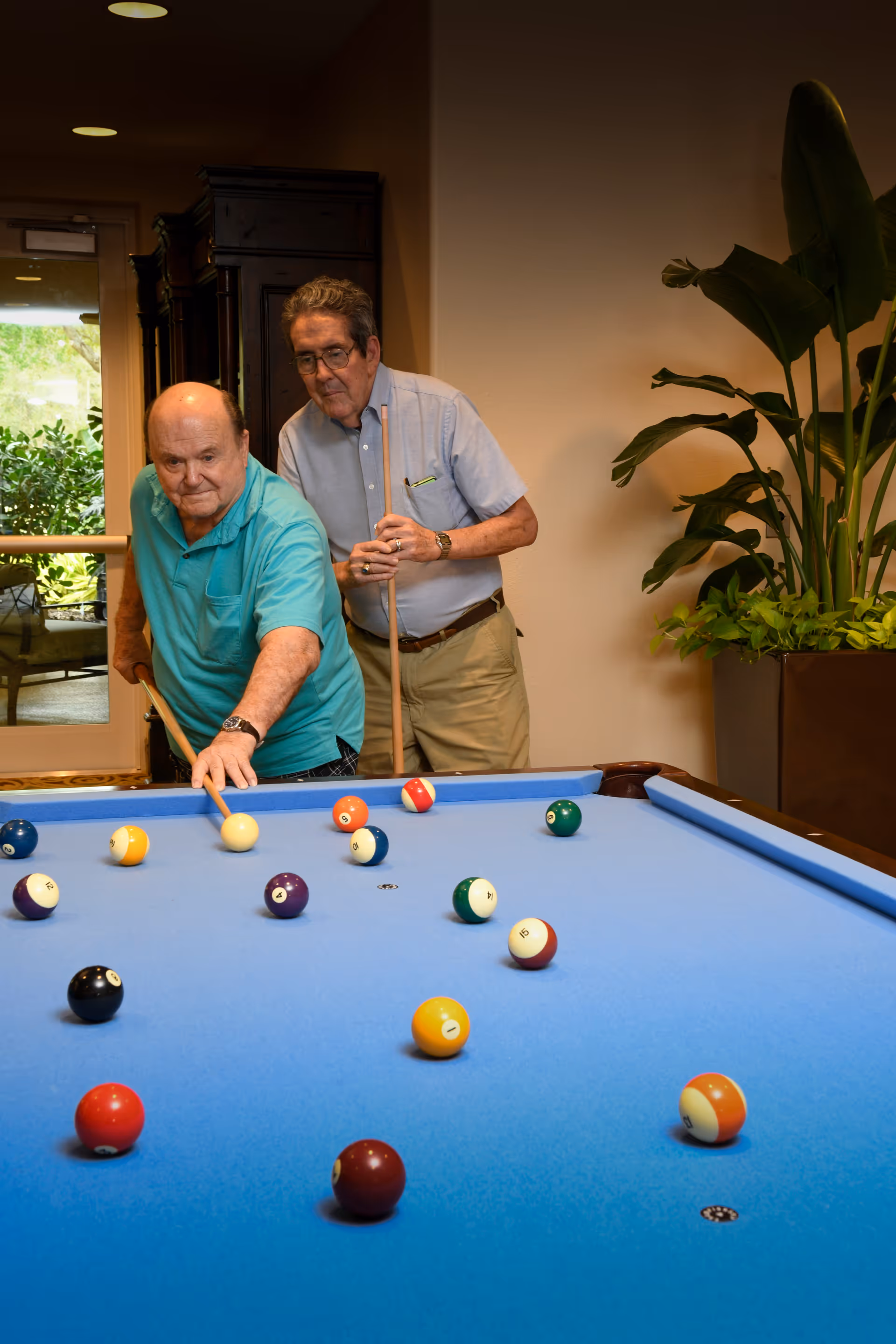 Two elderly men playing pool indoors. One man in a turquoise shirt is taking a shot while the other man in a light blue shirt watches. There is a large plant in a pot to the right and a door with glass panels in the background.