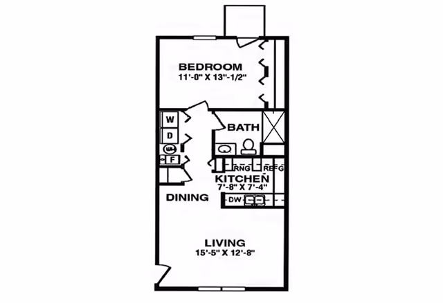 Floor plan layout of a residence showing a bedroom, bathroom, kitchen, dining area, and living room with dimensions labeled for each room.