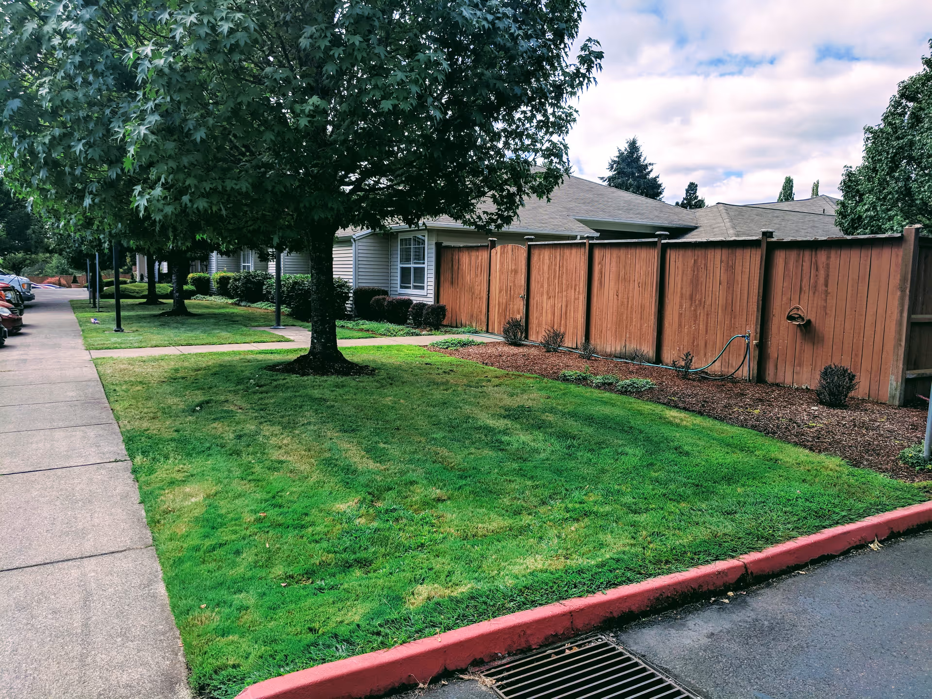Outdoor view of a senior living facility showing a green lawn with a large tree, a sidewalk, a wooden fence, and part of the building with windows. There are parked cars along the sidewalk and a cloudy sky above.