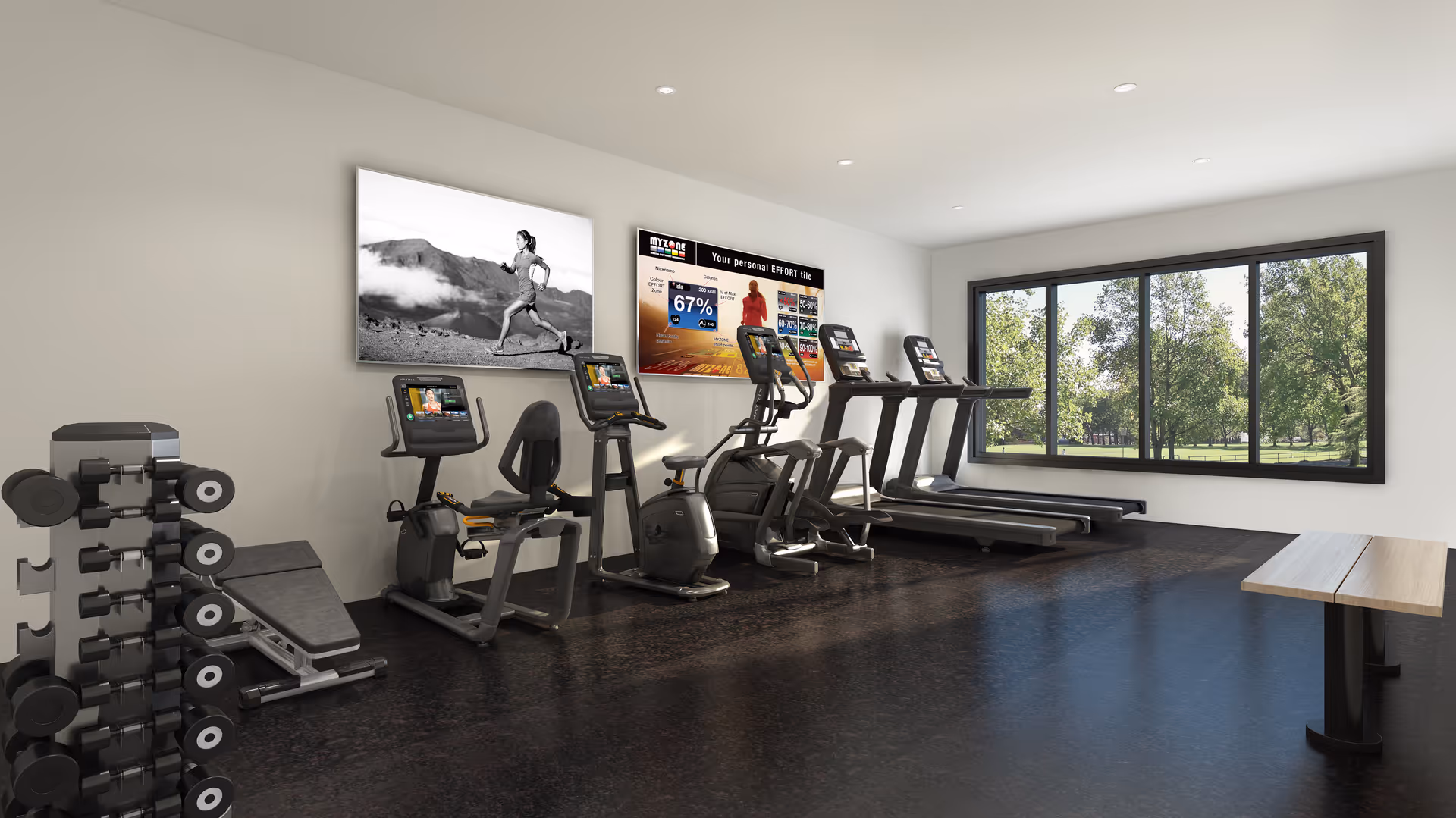 Sunlit fitness room with treadmills, stationary bikes, dumbbells and a bench beside a large window overlooking trees.