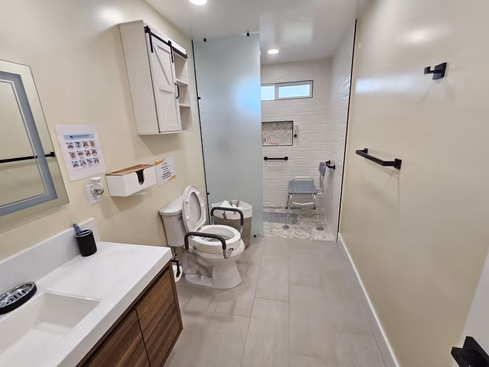 A modern, accessible bathroom featuring a toilet with safety rails, a white sink with a wooden cabinet, a wall-mounted cabinet, and a walk-in shower area with a shower chair and grab bars. The walls are light-colored, and the floor is tiled.