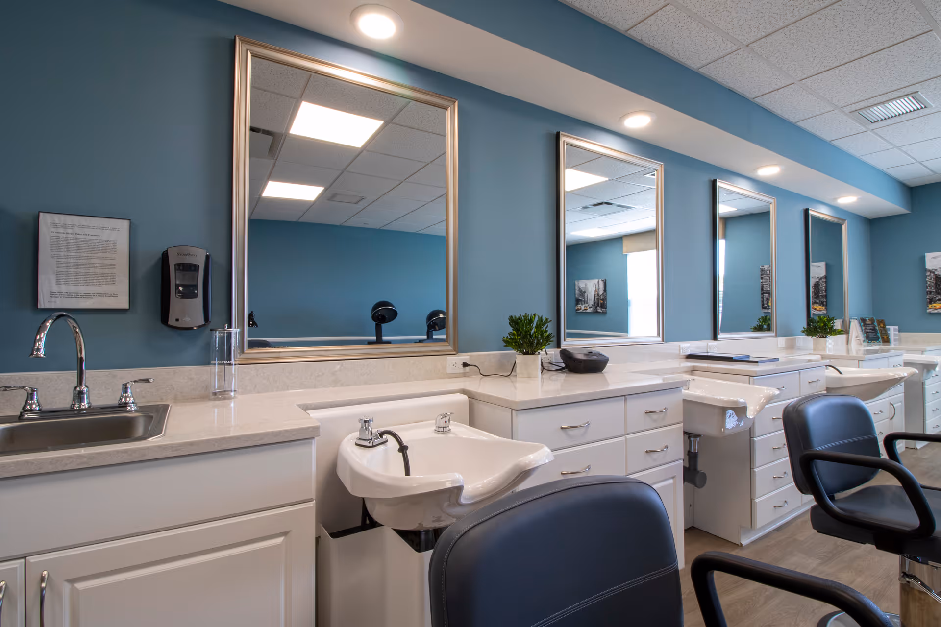 Interior view of a salon area with multiple white hair washing sinks and black salon chairs. The room has blue walls with large mirrors above the sinks, white cabinets below the countertops, and ceiling lights reflecting in the mirrors. There are small green plants and a soap dispenser on the countertop.