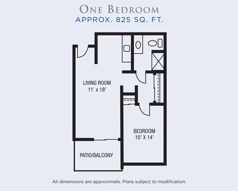 Floor plan of a one-bedroom apartment approximately 825 square feet, showing a living room measuring 11 by 18 feet, a bedroom measuring 10 by 14 feet, a patio/balcony, and a bathroom area with a shower, toilet, and sink.