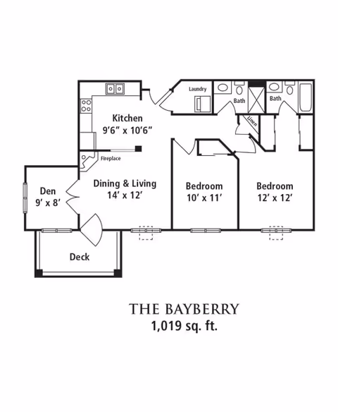 Floor plan of The Bayberry apartment with 1,019 square feet, featuring a kitchen, dining and living area, den, deck, two bedrooms, two bathrooms, laundry area, and a fireplace.