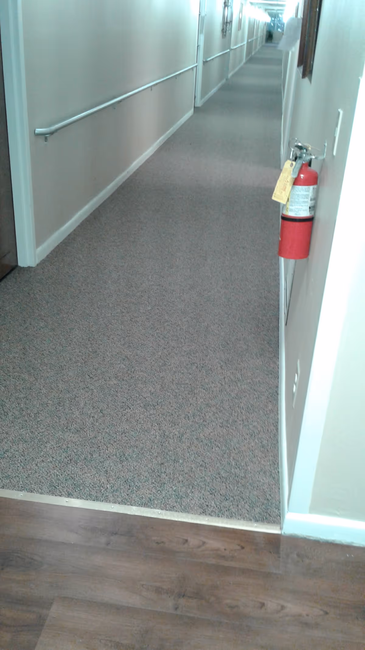 Carpeted interior hallway with handrails along the walls and a fire extinguisher mounted near the entrance.