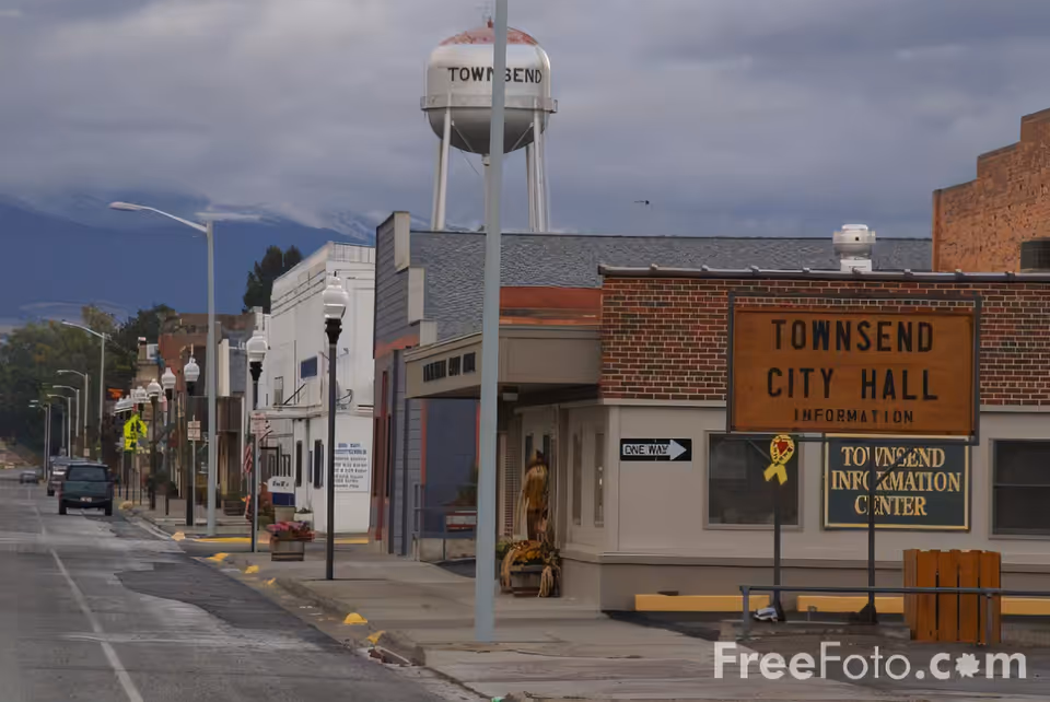 Street view of Townsend City Hall and Information Center building with a water tower labeled Townsend in the background. The street is lined with lampposts and buildings under a cloudy sky.