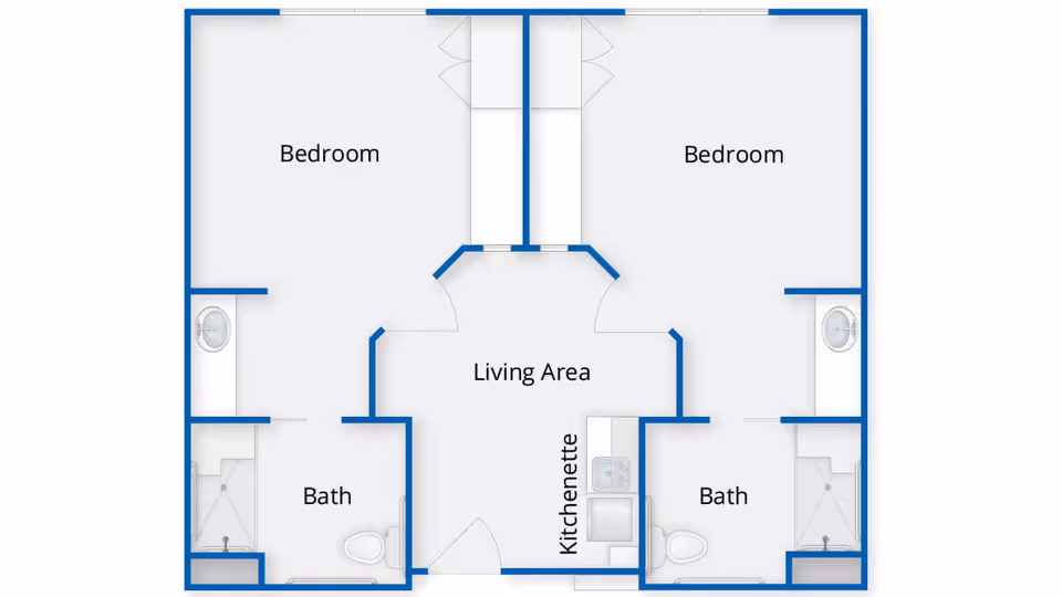 Floor plan of a living space at The Branches of North Attleboro showing two bedrooms, two bathrooms, a living area, and a kitchenette.