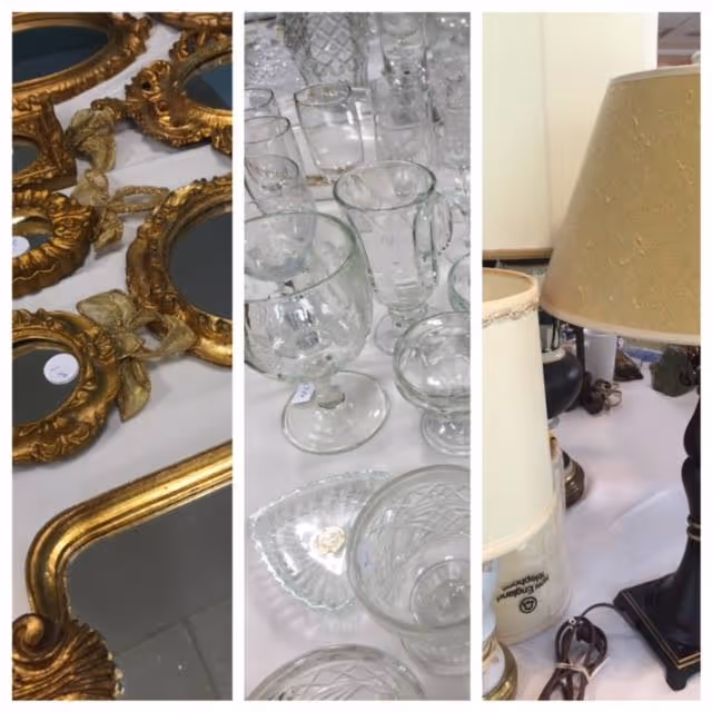 Three-panel image showing gold-framed mirrors, assorted clear glassware, and table lamps displayed on a white surface.