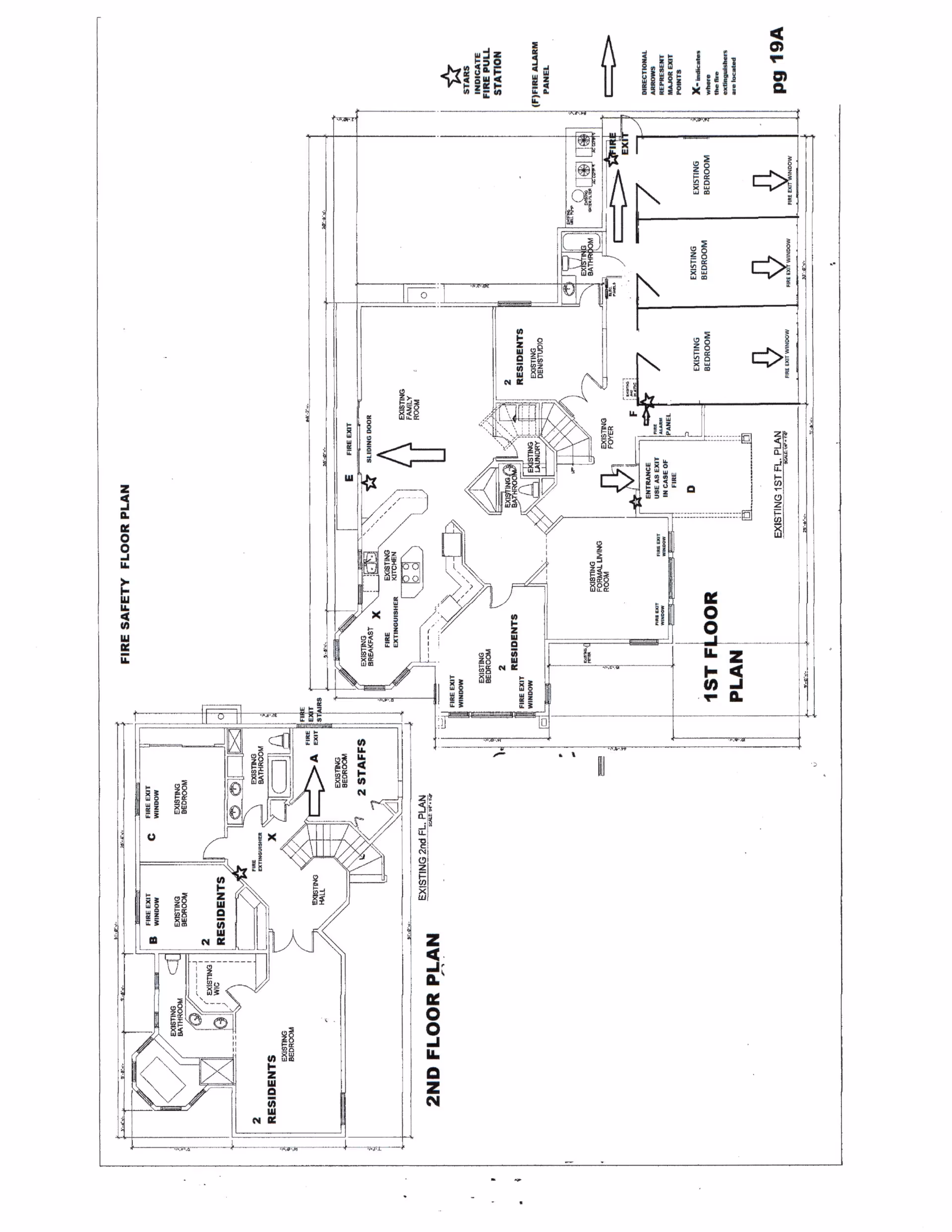 Black-and-white architectural floor plan showing labeled 1st and 2nd floor layouts with rooms, arrows and fire safety symbols for a senior living facility.