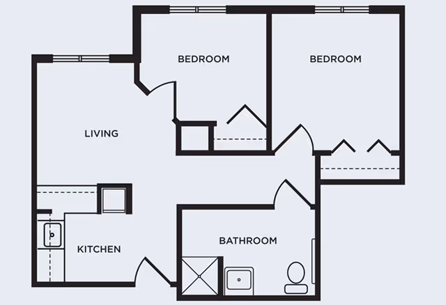 Black-and-white floor plan of a two-bedroom apartment showing a living room, kitchen, and one bathroom.