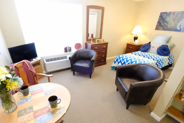 Bright studio-style bedroom with a twin bed, two leather armchairs, a small table with mugs, dresser with mirror and a TV by a large window.