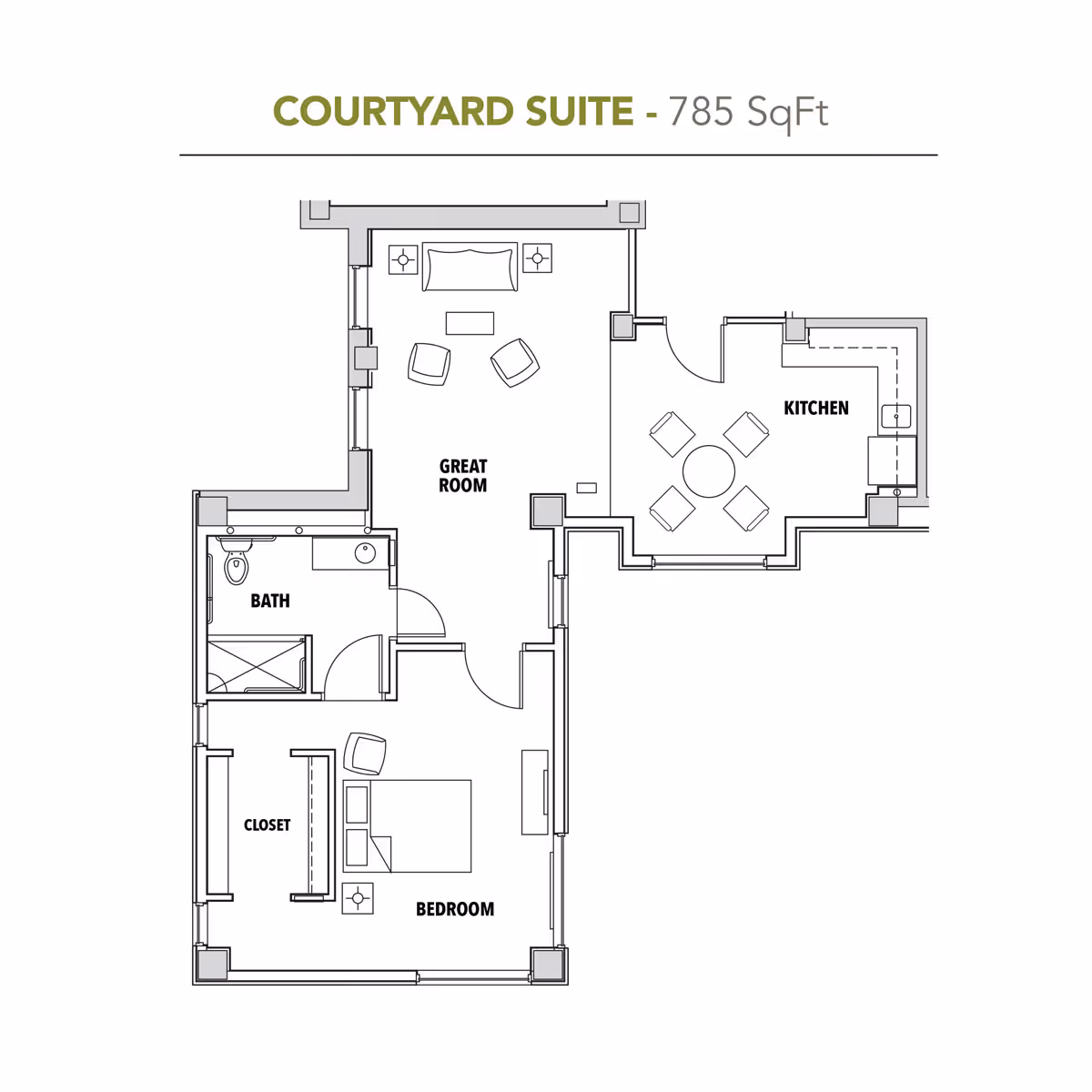 Floor plan of the Courtyard Suite at TownView Senior Living, showing a layout of 785 square feet with labeled areas including a bedroom with closet, a bathroom, a great room with seating, and a kitchen with dining table and chairs.
