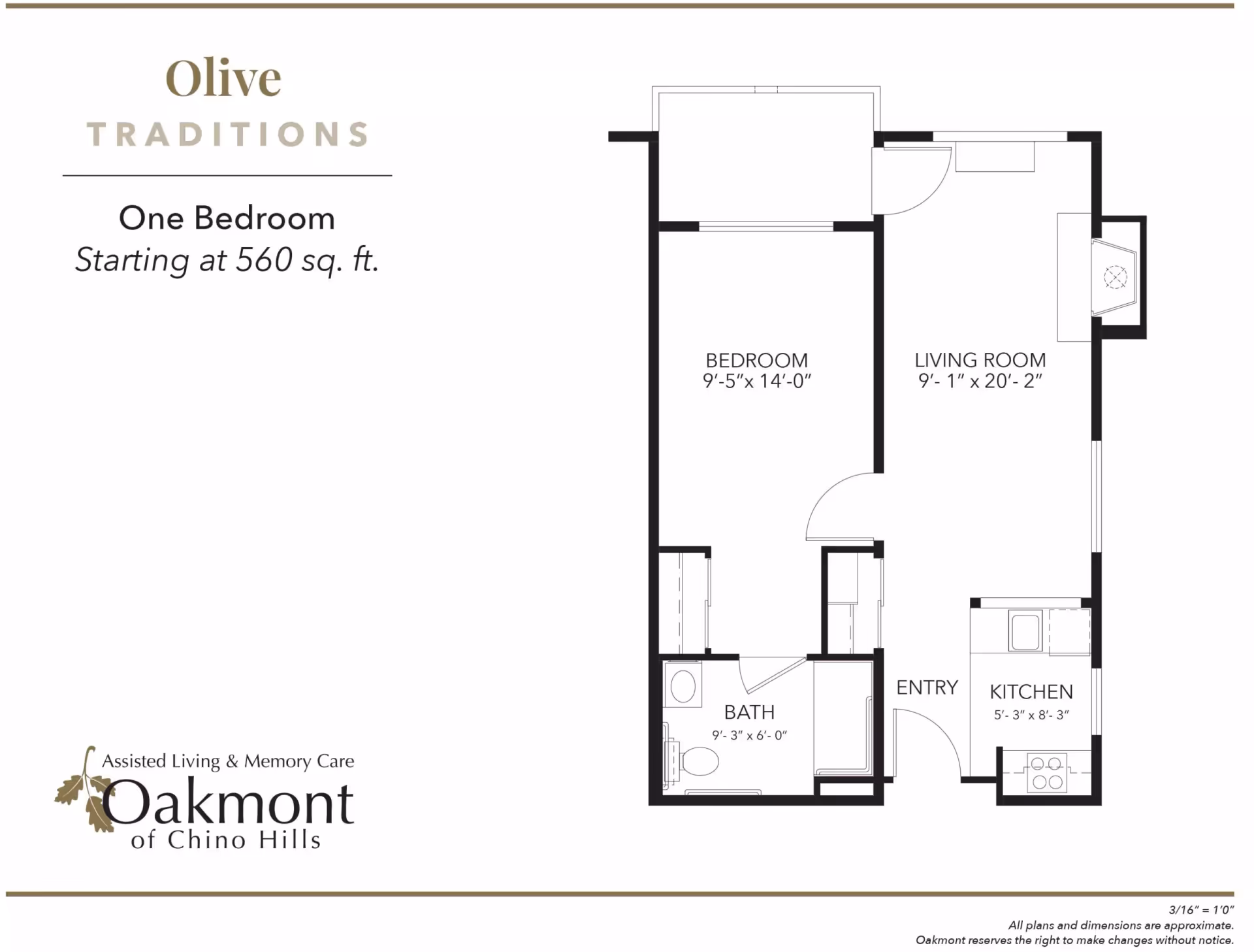 Floor plan for a one-bedroom apartment named Olive Traditions at Oakmont of Chino Hills, showing a bedroom, living room, kitchen, bathroom, and entry area with dimensions.