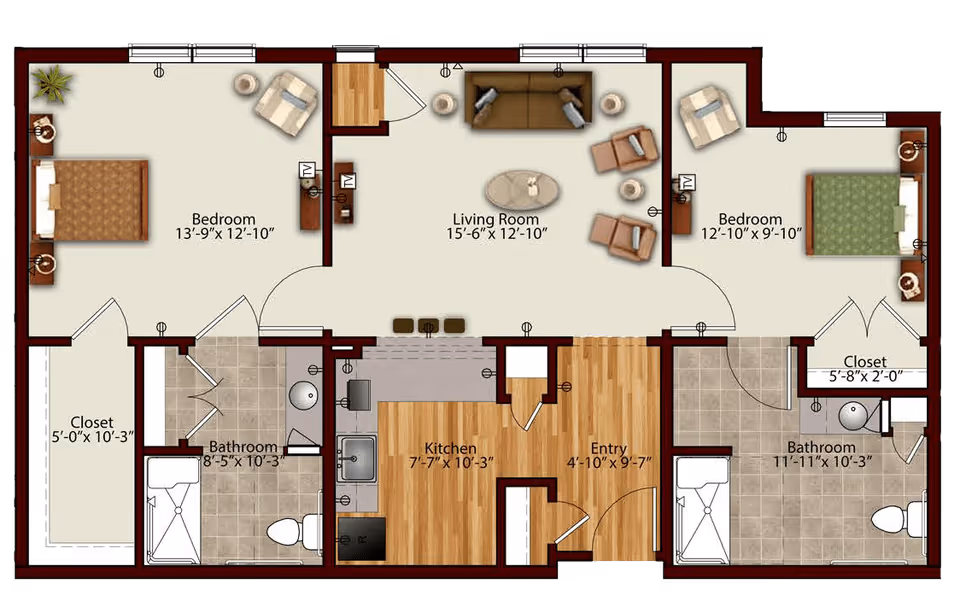 Floor plan of a two-bedroom apartment at Harmony at Hershey, showing two bedrooms with closets, two bathrooms, a living room, a kitchen, and an entry area. The layout includes furniture such as beds, chairs, sofas, and kitchen appliances.