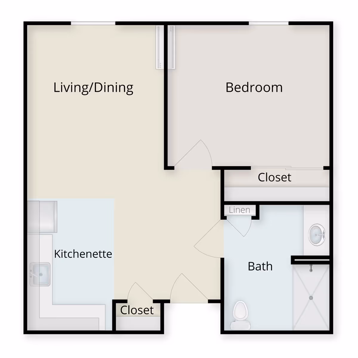 Floor plan of a senior living unit at Charter Senior Living of Oak Openings showing a living/dining area, kitchenette, bedroom with closet, bathroom with shower, toilet, and sink, and an additional closet near the entrance.
