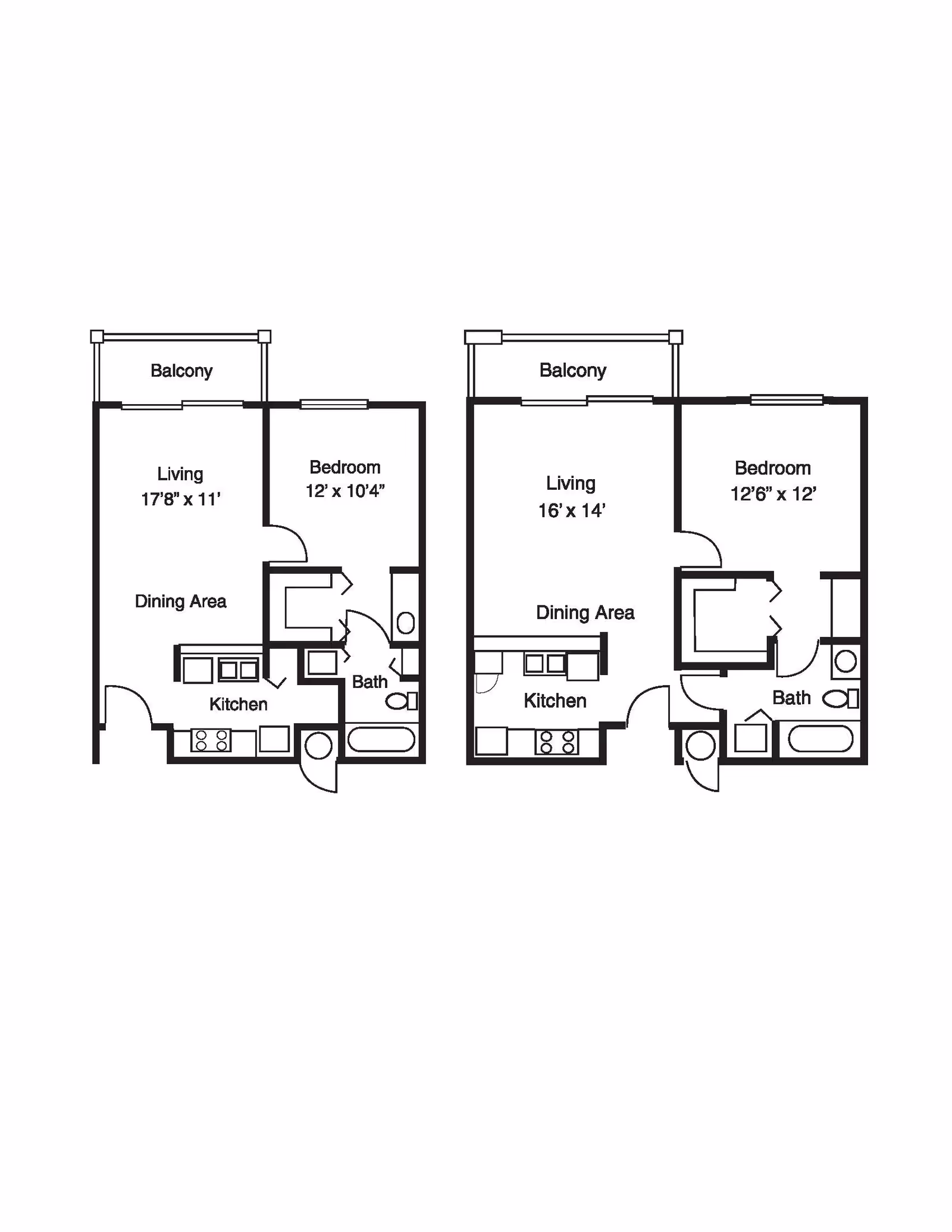 Two side-by-side architectural floor plans of one-bedroom apartments, each featuring a balcony, living room, dining area, kitchen, bedroom, and bathroom. Dimensions are provided for living rooms and bedrooms.