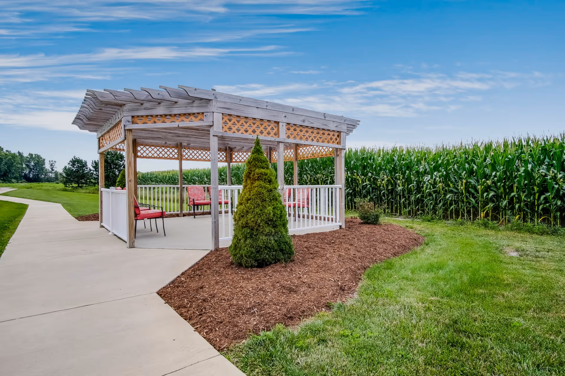 Outdoor wooden gazebo with lattice trim and red cushioned chairs, situated next to a concrete walkway and surrounded by green grass and a tall cornfield under a blue sky with light clouds.