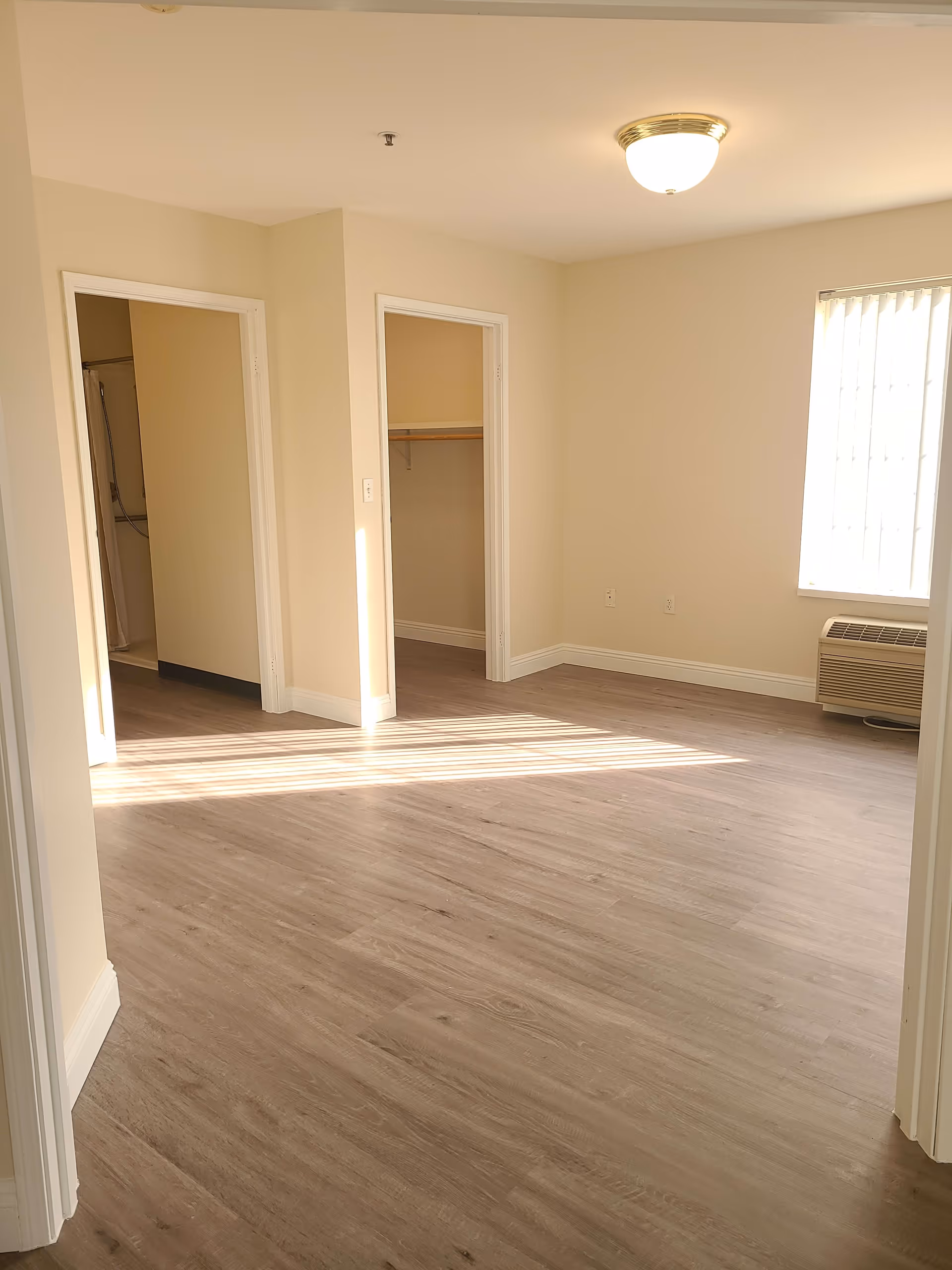 Empty room with light wood flooring, beige walls, a ceiling light fixture, a window with vertical blinds, an air conditioning unit below the window, and two open doorways leading to a bathroom and a closet.