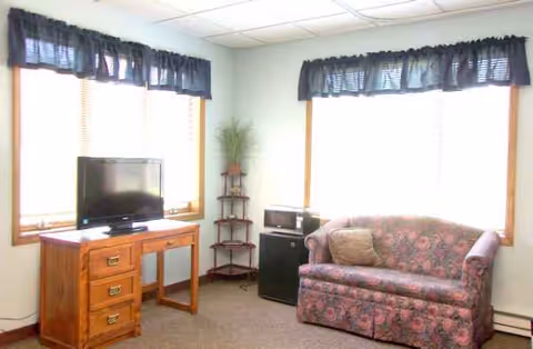 Cozy living room with floral sofa, TV, microwave, plant, and windows.