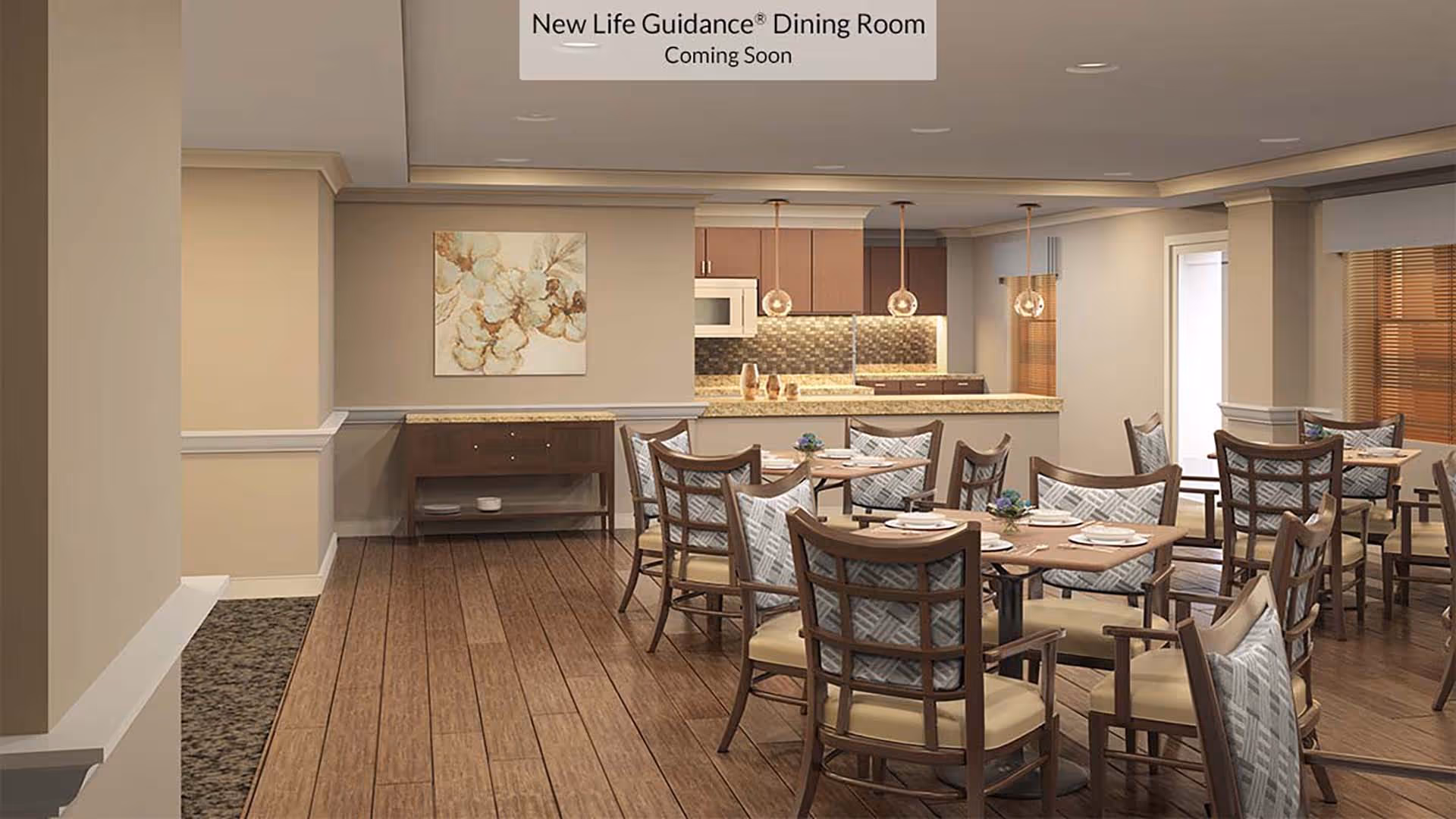 A modern dining room with wooden floors, several tables and chairs with patterned cushions, a sideboard with dishes, and a kitchen area in the background featuring pendant lights and a tiled backsplash. A sign above reads 'New Life Guidance Dining Room Coming Soon.'