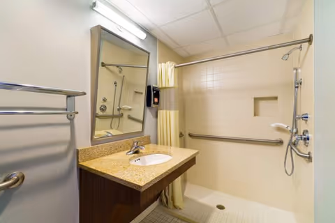 Accessible bathroom with a beige tiled walk-in shower featuring grab bars, a handheld showerhead, and a built-in niche. There is a granite countertop with a sink, a mirror above it, a wall-mounted soap dispenser, and a towel rack on the left wall.