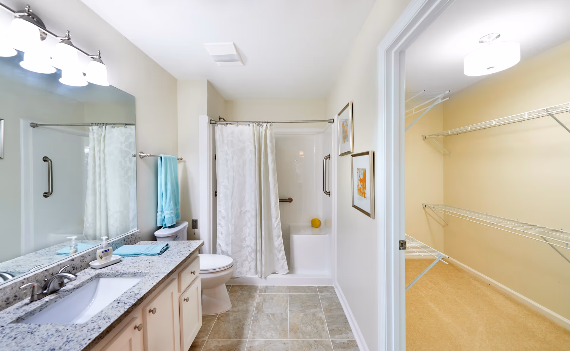 Bright bathroom with a granite countertop vanity, sink, toilet, shower with a curtain, and an adjacent walk-in closet visible through a doorway.