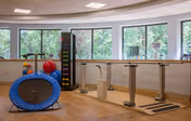 Therapy and exercise room with parallel bars, a mini trampoline, exercise balls, weights and large windows overlooking trees.