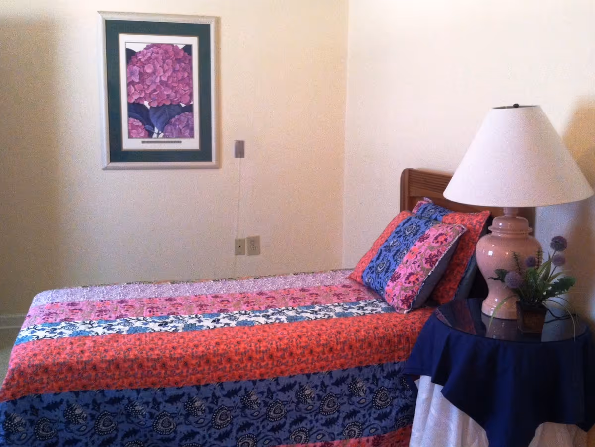 Small bedroom with a single bed covered in a colorful patterned quilt, a framed floral print on the wall, and a bedside table with a lamp and plant.