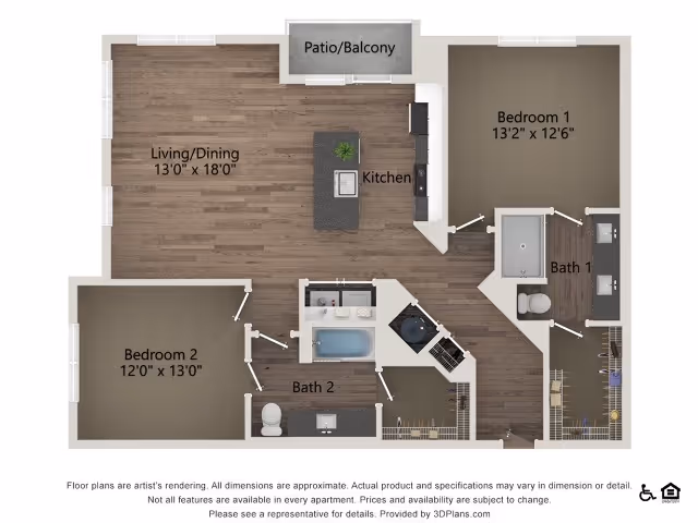 Floor plan of a two-bedroom apartment at Overture River District showing a living/dining area, kitchen, two bedrooms, two bathrooms, and a patio/balcony. Dimensions for each room are labeled, with Bedroom 1 measuring 13'2" x 12'6" and Bedroom 2 measuring 12'0" x 13'0". The layout includes closets and fixtures in the bathrooms and kitchen.