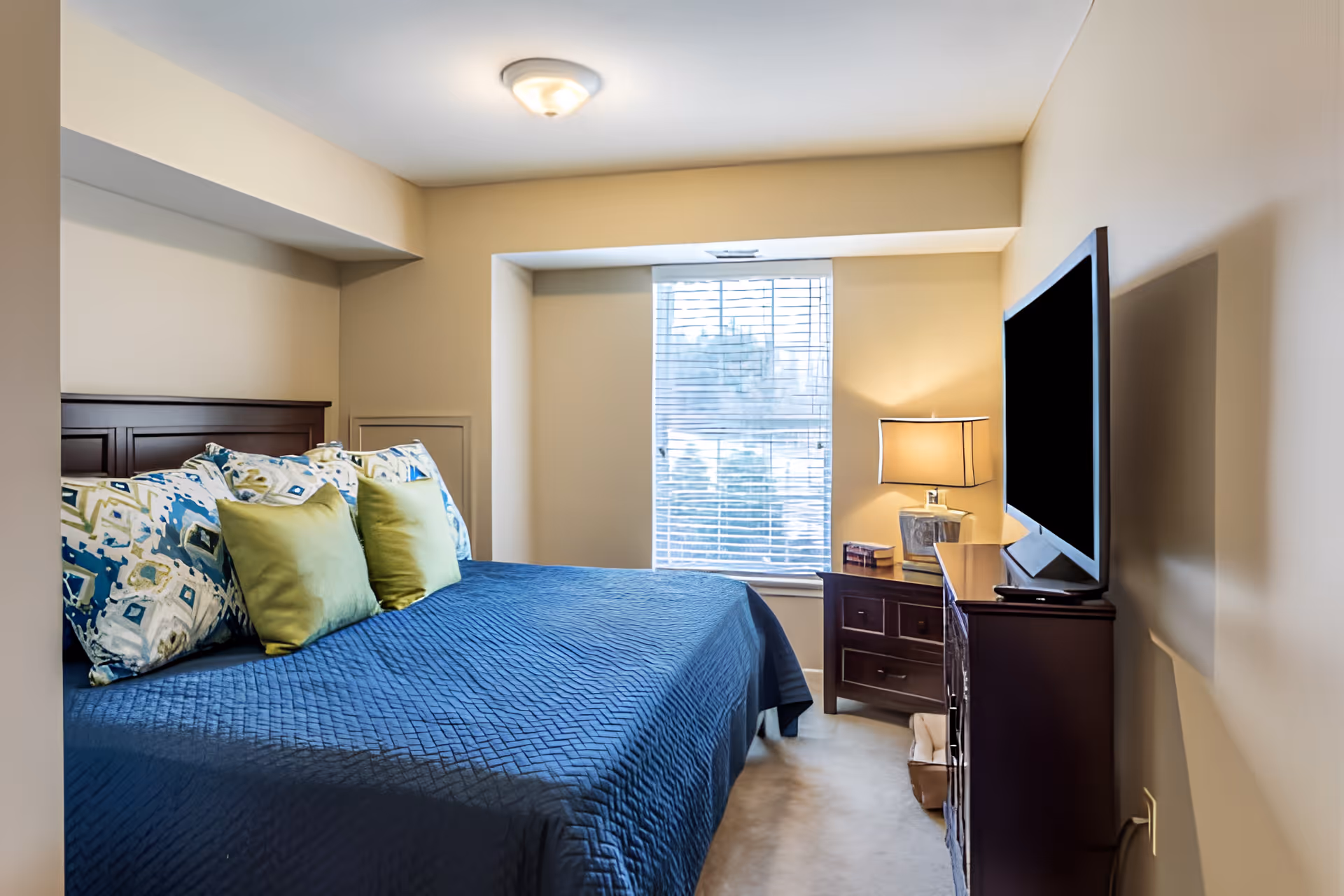 A bedroom with a large bed covered in a blue quilt and decorated with patterned and green pillows. There is a window with blinds letting in natural light, a wooden nightstand with a lamp and books, and a flat-screen TV on a wooden dresser.