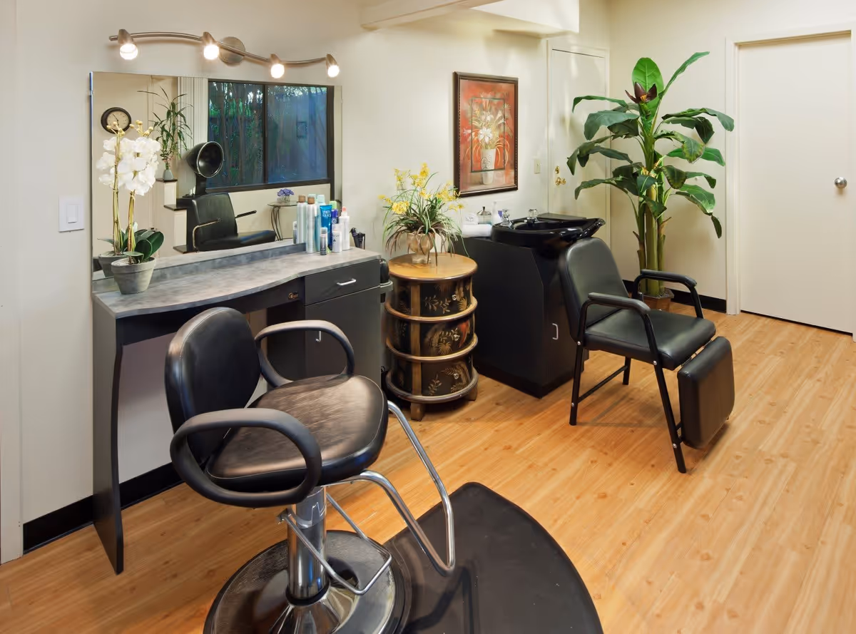 Interior salon area with styling chairs, a large mirror, a shampoo sink, and plants on wood flooring.