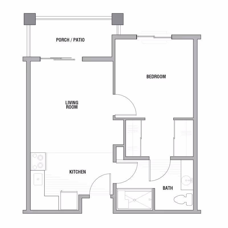 One-bedroom apartment floor plan showing a porch/patio, living room, kitchen, bedroom, and bathroom.