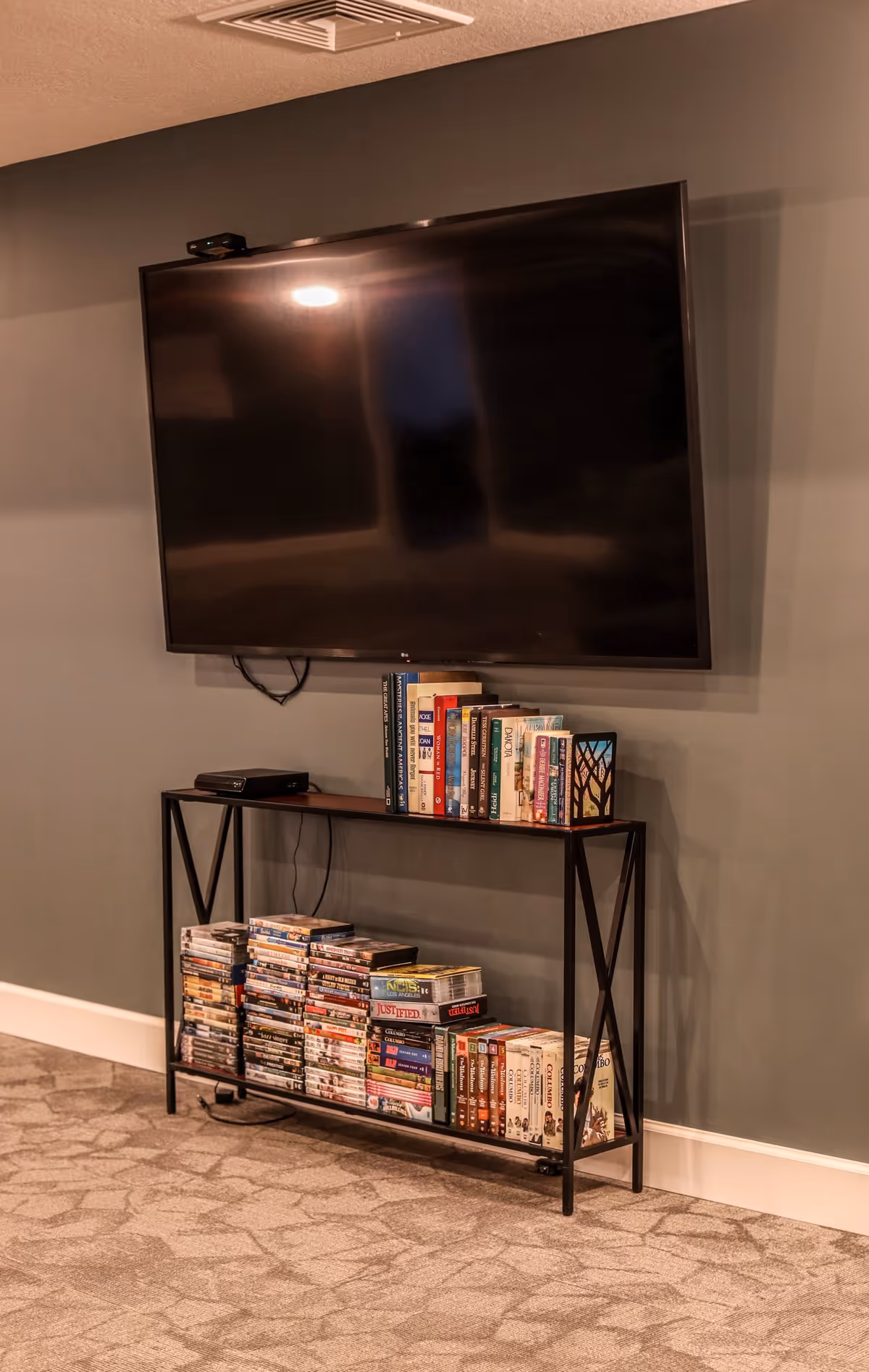 A large flat-screen TV mounted on a gray wall above a black metal and wood shelf filled with books and DVDs, set on a carpeted floor.