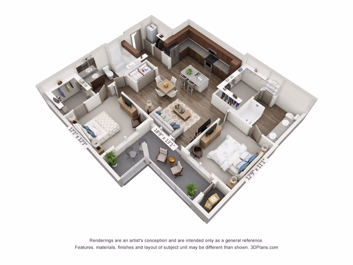 3D floor plan of a two-bedroom apartment featuring a living room with sofa and TV, a kitchen with island and dining table, two bedrooms each with a bed and closet, two bathrooms with sinks and toilets, and a balcony with outdoor seating.