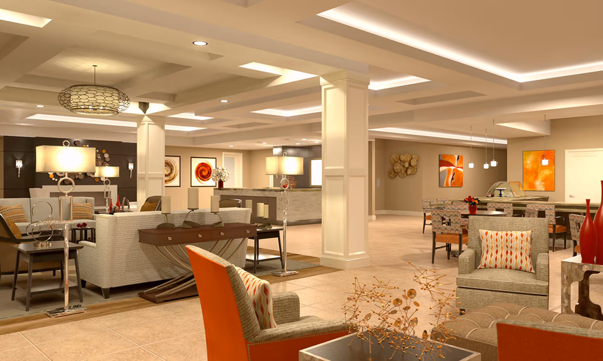 Spacious, well-lit communal lounge with sofas, armchairs, dining tables, and modern decor.