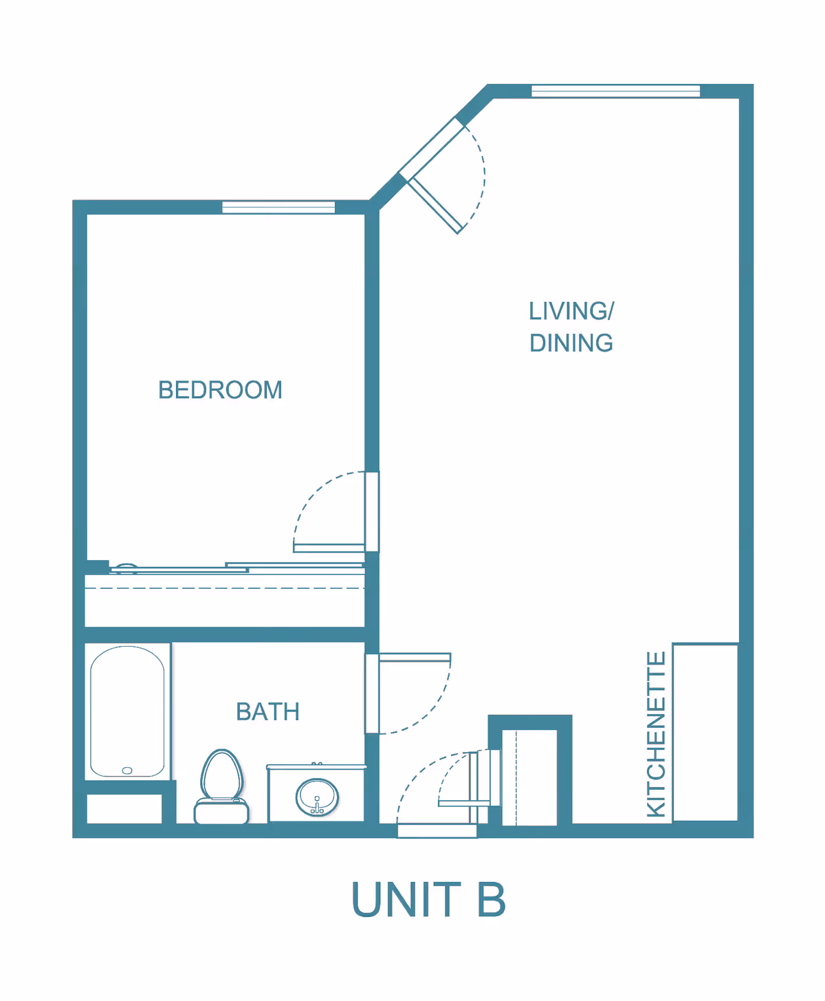 Floor plan labeled Unit B showing a layout with a bedroom, bath, living/dining area, and kitchenette. The bedroom is adjacent to the bath, which includes a bathtub, toilet, and sink. The living/dining area is the largest space, with a kitchenette along one wall.