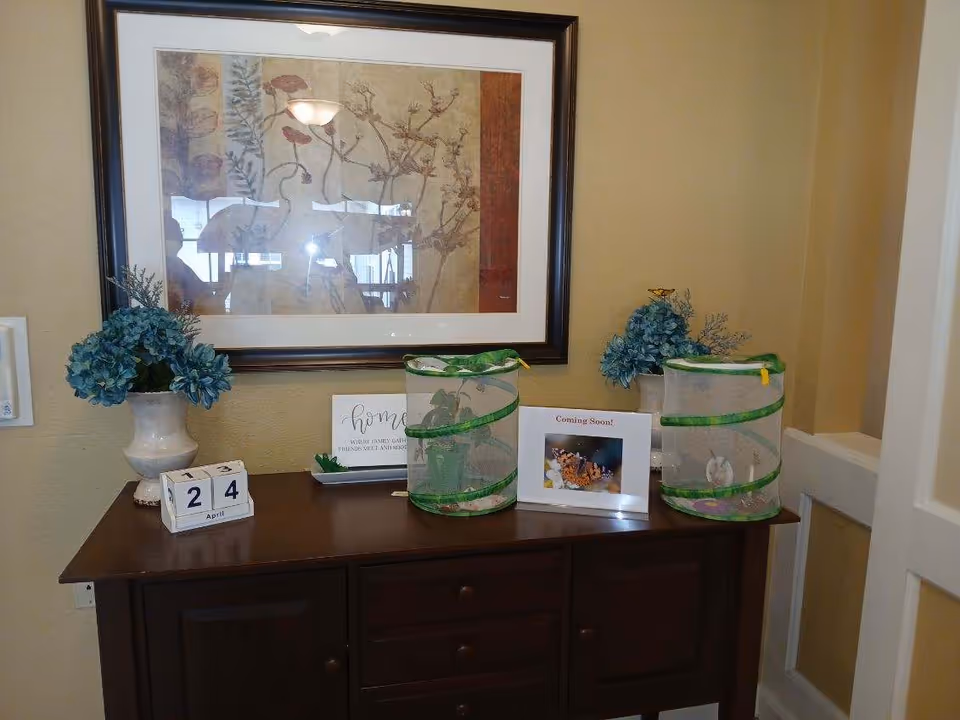 A wooden sideboard with two blue floral arrangements in white vases, a block calendar showing April 24, two green mesh butterfly habitats, and framed signs including one that says 'Coming Soon!' with a butterfly image. Above the sideboard is a large framed artwork featuring botanical designs.