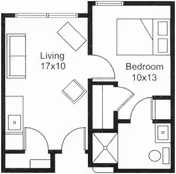 Black and white architectural floor plan of a small apartment unit at Appletree Court, showing a living room measuring 17 by 10 feet with furniture, a bedroom measuring 10 by 13 feet with a bed, and an adjacent bathroom with a shower, sink, and toilet.
