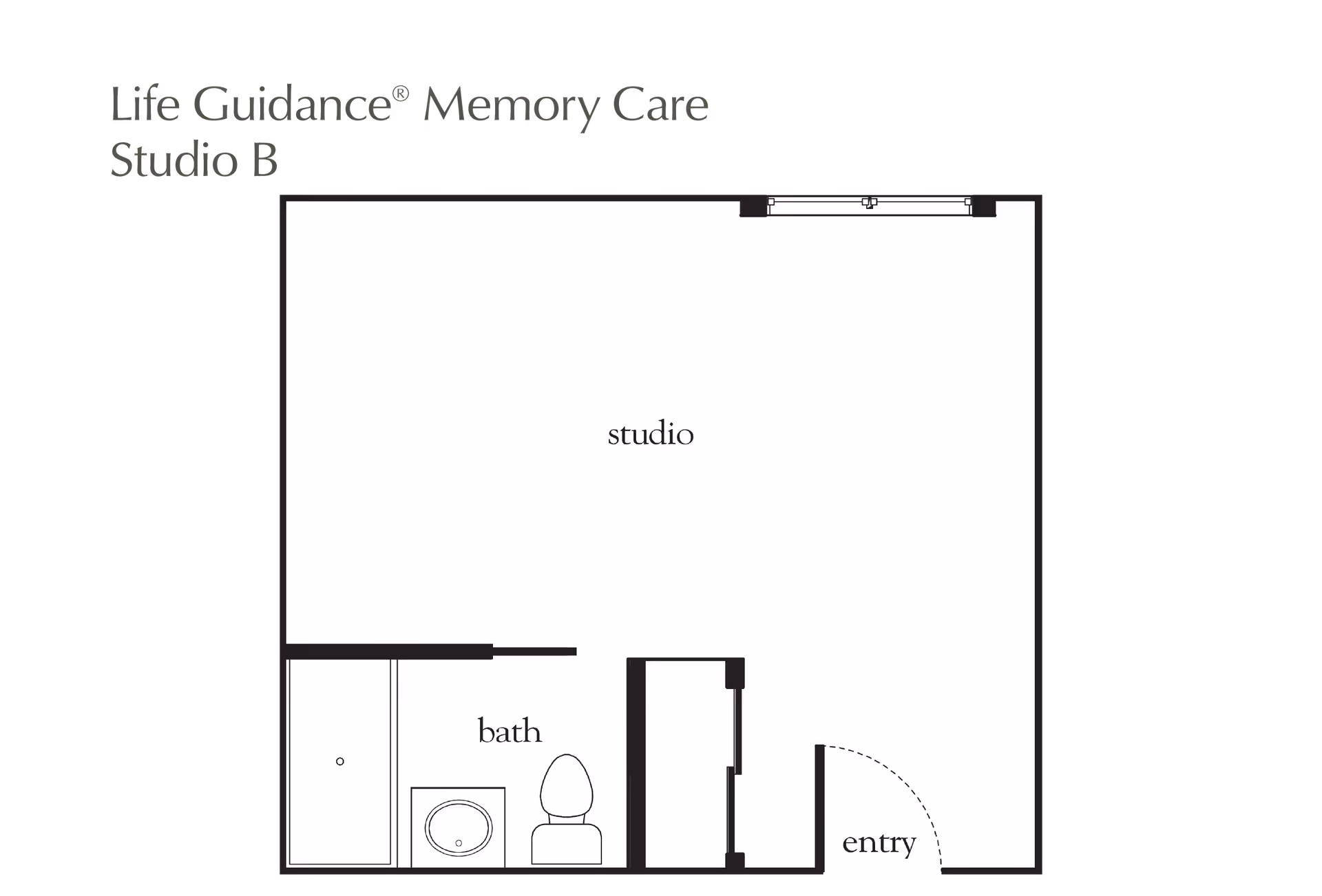Floor plan of Life Guidance Memory Care Studio B at Atria Hillcrest showing a studio room, a bathroom with a shower, sink, and toilet, and an entry area.