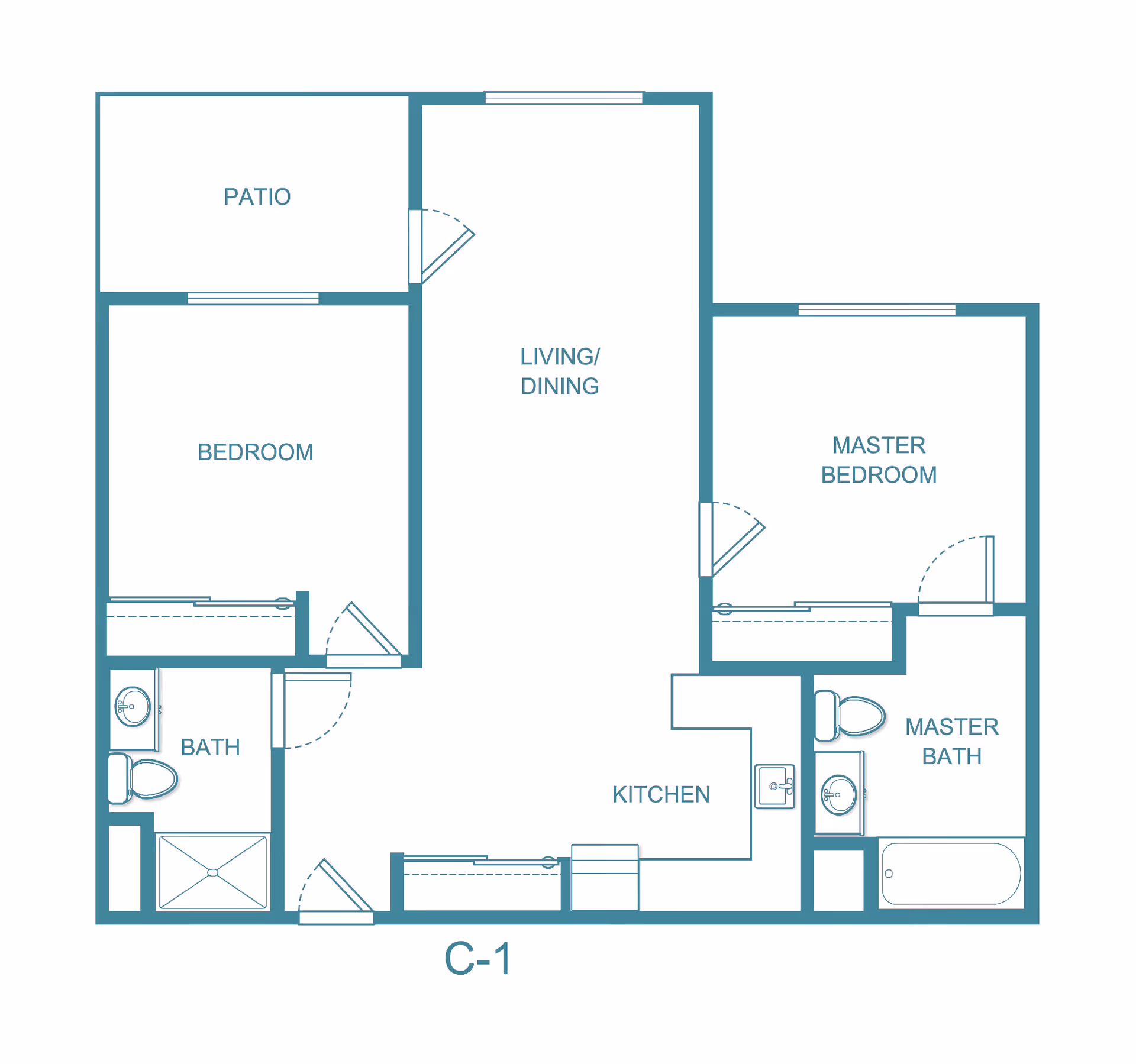 Floor plan layout of a senior living apartment unit labeled C-1, featuring a patio, bedroom, bath, living/dining area, kitchen, master bedroom, and master bath.