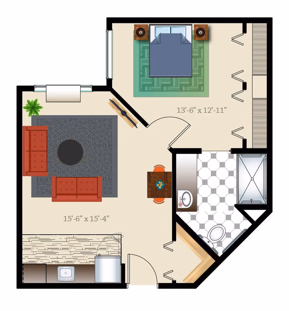 Floor plan of a senior living unit at Bonaventure of Thornton showing a bedroom with a bed and two nightstands, a living room with two red sofas and a round coffee table on a rug, a small dining area with a table and two chairs, a kitchen area with a sink and refrigerator, and a bathroom with a shower, toilet, and sink.
