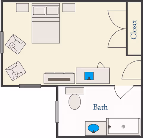 Floor plan of a senior living community unit showing a bedroom with a bed, two chairs, a closet, and an attached bathroom with a toilet, sink, and shower.
