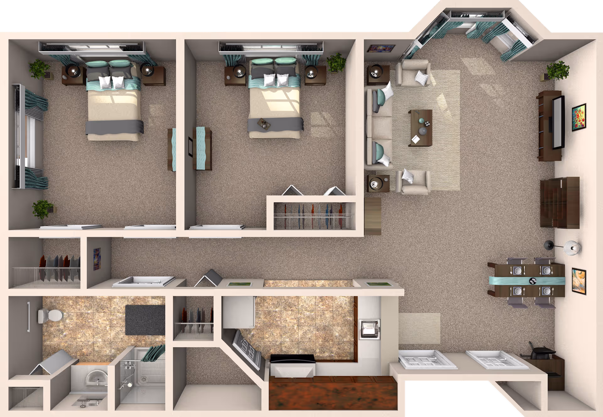 Top-down view of a two-bedroom apartment floor plan featuring two bedrooms with beds and nightstands, a living room with sofas, armchairs, coffee table, TV, and dining area with a table set for four. The layout also includes a kitchen with appliances and a bathroom with a toilet, sink, and shower.