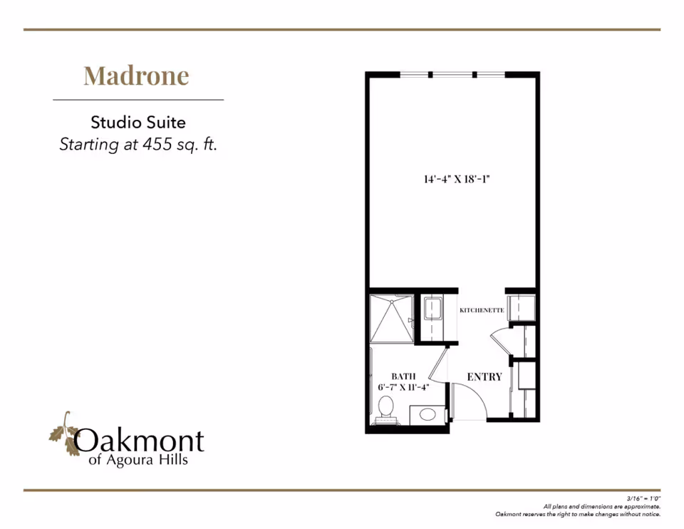 Floor plan layout of the Madrone Studio Suite at Oakmont of Agoura Hills, starting at 455 square feet, showing an entry area with kitchenette, a bathroom measuring 6 feet 7 inches by 11 feet 4 inches, and a main living space measuring 14 feet 4 inches by 18 feet 1 inch.