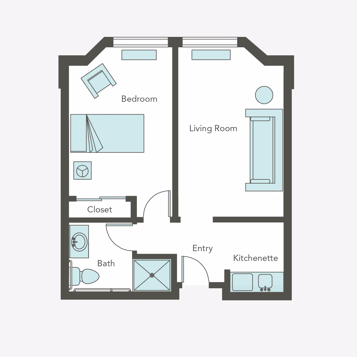 Floor plan of a one-bedroom apartment featuring a bedroom with a bed, chair, and closet; a living room with a sofa and table; a kitchenette with a sink and counter; a bathroom with a toilet, sink, and shower; and an entry area.