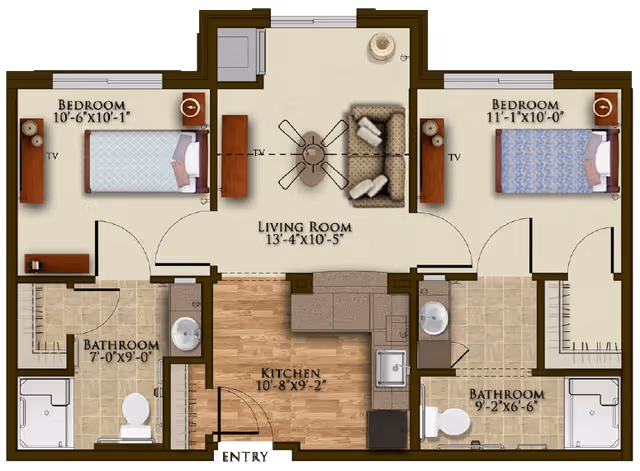 Floor plan of a two-bedroom apartment at Harmony at Oakbrooke showing two bedrooms, two bathrooms, a living room, and a kitchen. Each bedroom has a bed and a TV. The living room has a sofa, a coffee table, and a ceiling fan. The kitchen includes a sink and counter space. Bathroom fixtures include toilets, sinks, and showers.