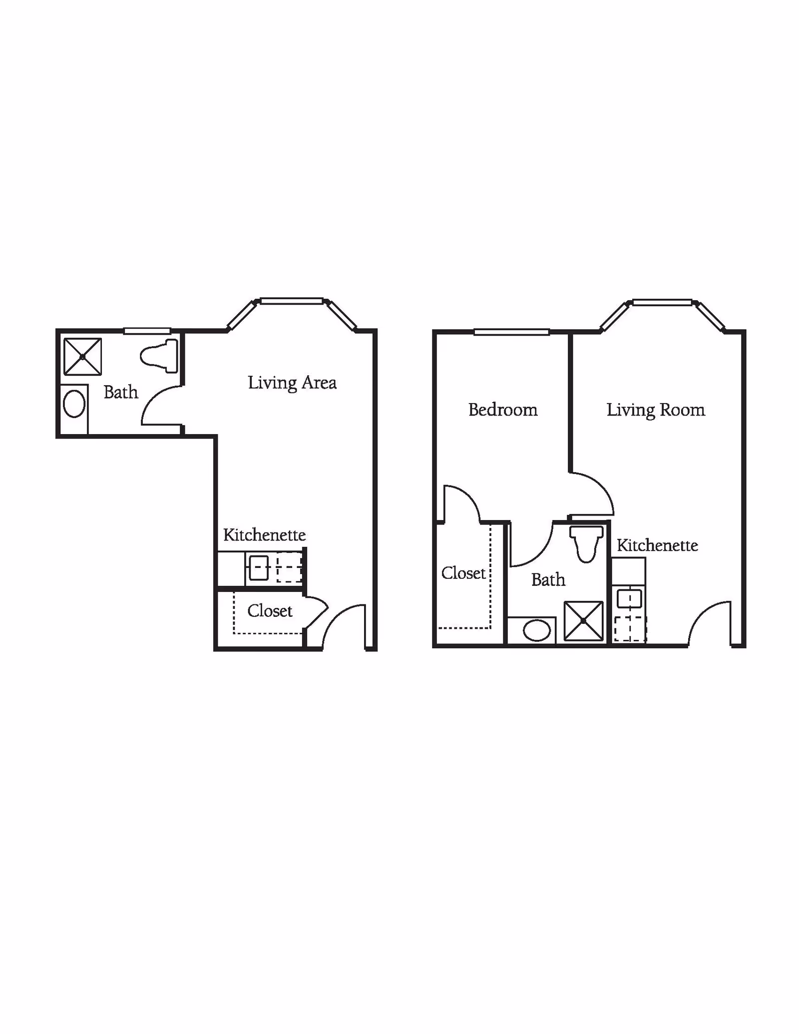 Two architectural floor plans showing layouts of small living spaces. The left plan includes a bath, living area, kitchenette, and closet. The right plan includes a bedroom, closet, bath, living room, and kitchenette.