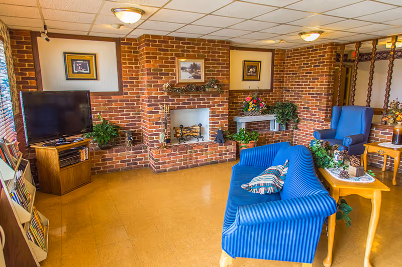 A cozy living room with brick walls and a fireplace in the center. The room features a blue striped sofa with a patterned pillow, a blue armchair, wooden side tables with decorative plants and flowers, a flat-screen TV on a wooden stand, and framed pictures on the walls. The floor is a light brown color, and the ceiling has white tiles with two ceiling lights.