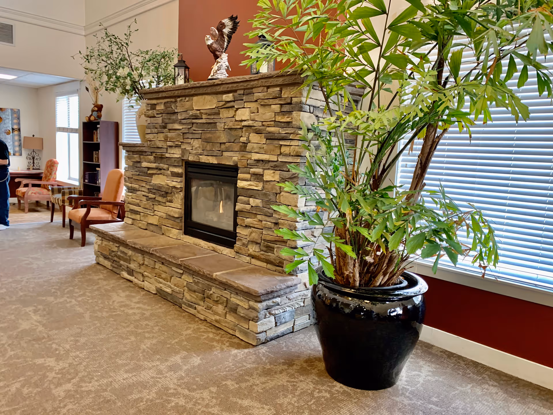 A cozy living room area in Tradition Assisted Living featuring a stone fireplace with a small fire burning inside. On top of the fireplace mantel, there is a decorative eagle statue and some plants. To the right of the fireplace is a large potted plant with green leaves. The room has carpeted flooring, large windows with blinds, and comfortable chairs arranged near a bookshelf and a lamp in the background.