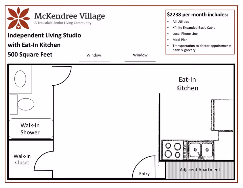 Floor plan of an independent living studio apartment at McKendree Village, featuring a walk-in shower, walk-in closet, eat-in kitchen, and entry door. The layout includes two windows and adjacent apartment space.